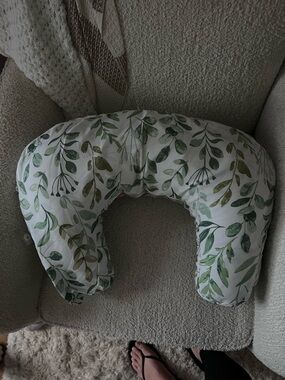Boppy Nursing Pillow with Green Leaf Print on White USED ONCE